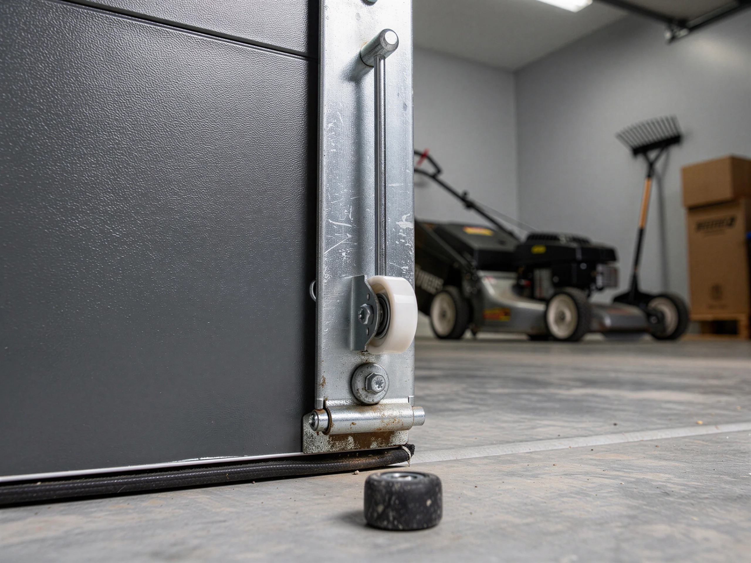 A garage door roller is detached from the track, with a broken wheel on the floor.