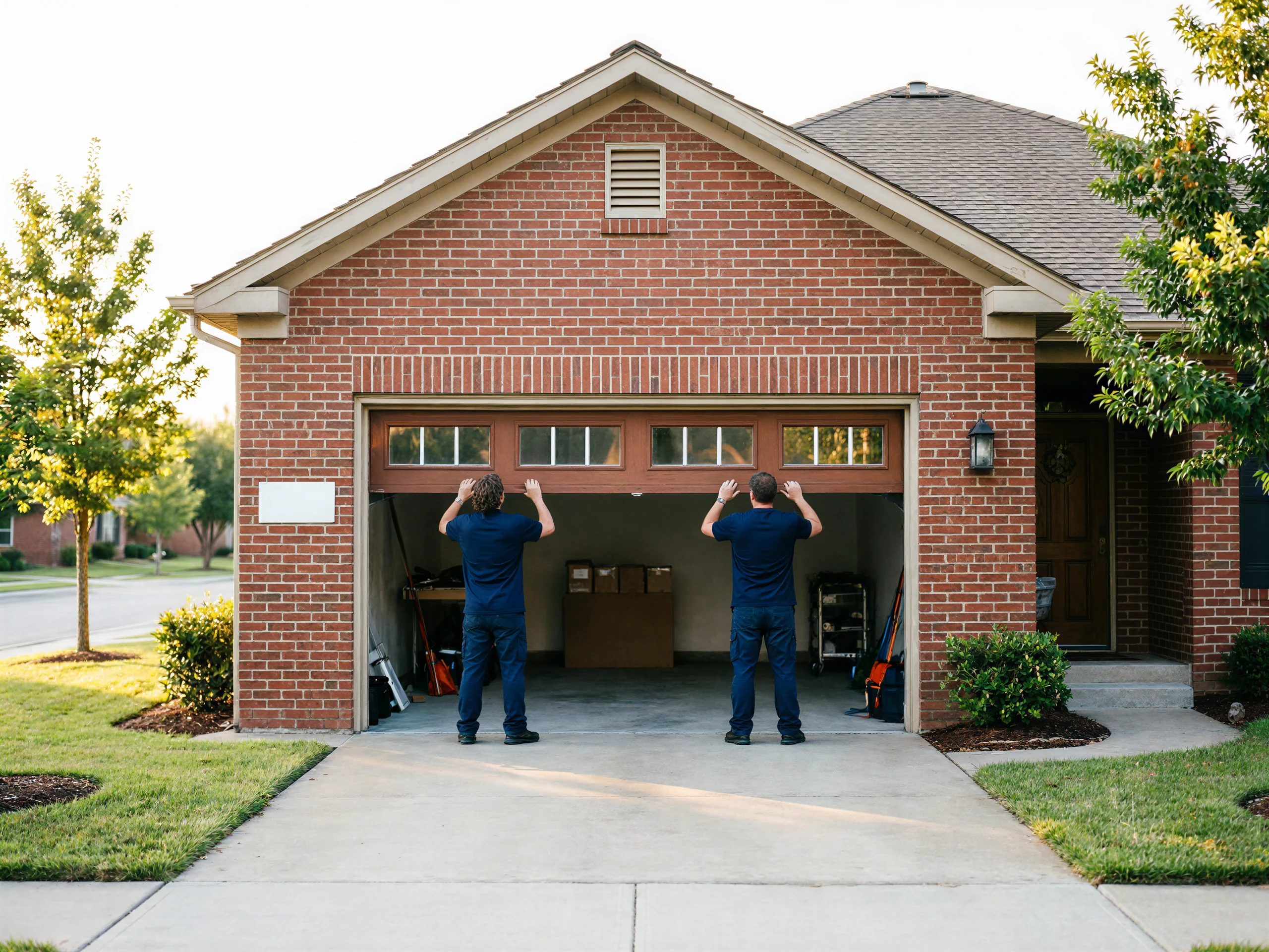 Two technicians are installing a brown garage door with windows on a brick house.